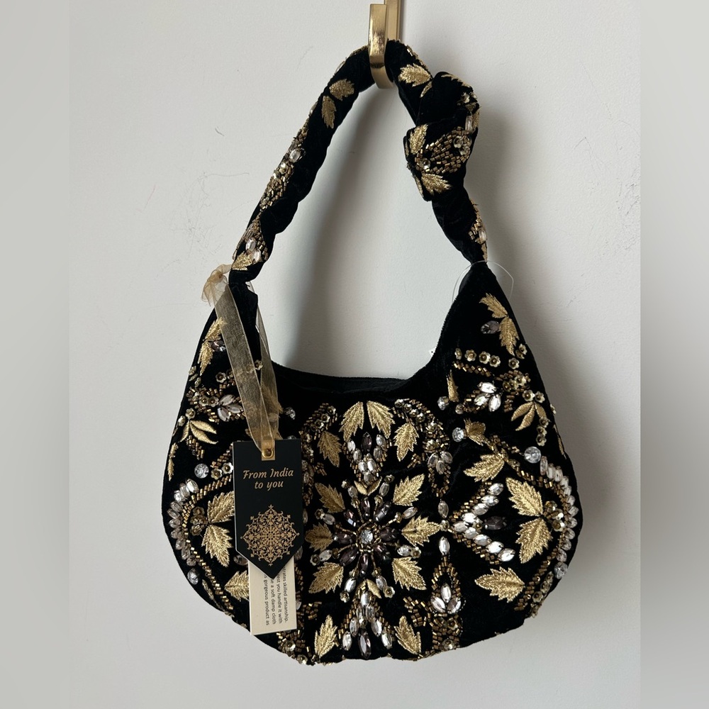 New Viral Beaded Black Velvet and Gold Sequins Shoulder Evening Bag